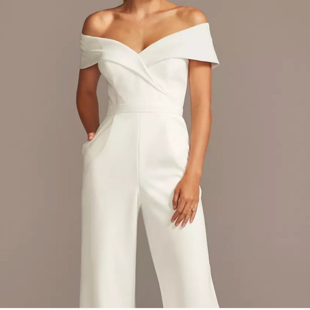 David's Bridal White Jumpsuit with Off-Shoulder Design